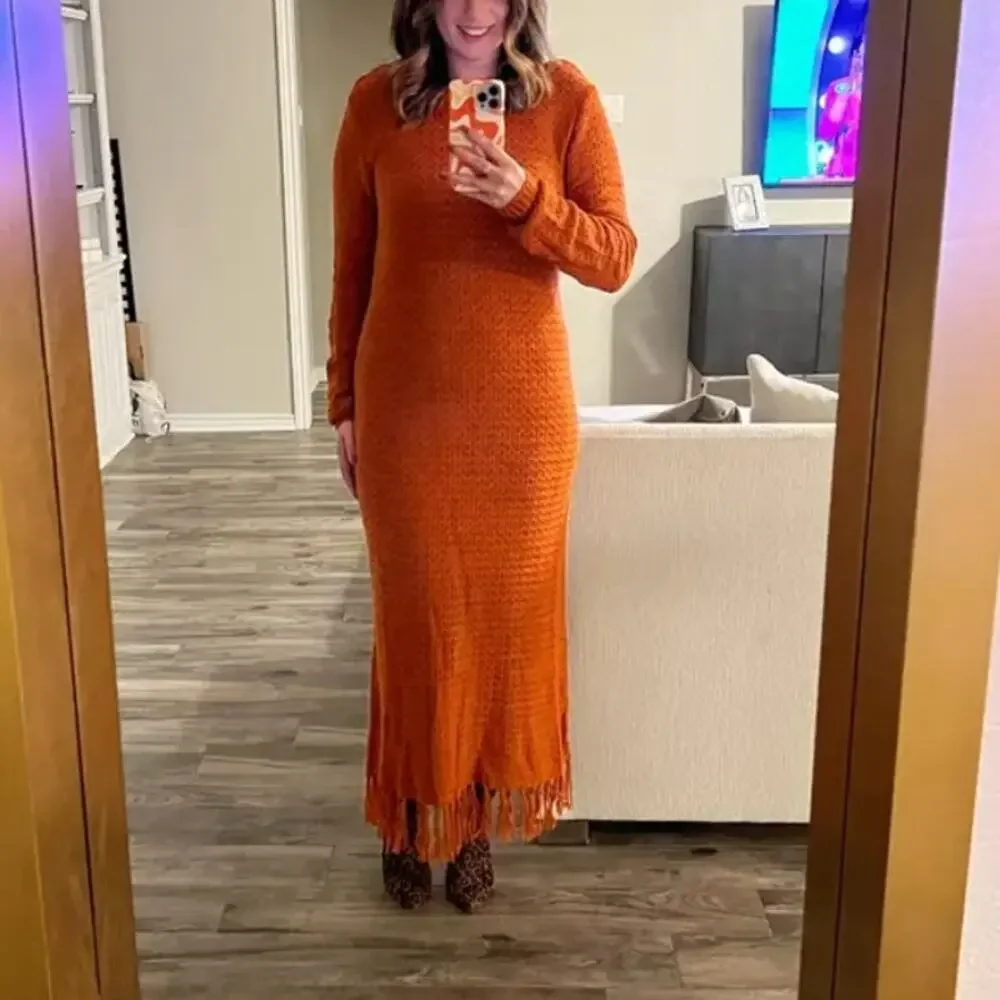 Pamela Love Clay Brown Crochet Maxi Dress LARGE Sweater Fringe Designer $395 - Picture 6 of 13